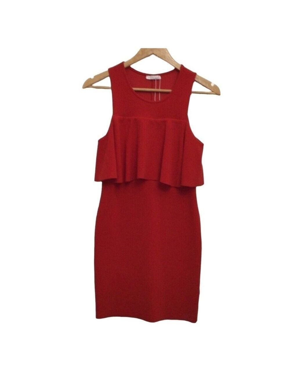 Zara Red Mini Dress sleeveless woven sheath round neckline Ruffle top Small